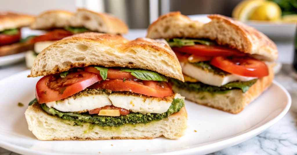 Freshly made Caprese sandwich with toasted ciabatta bread, layers of ripe tomatoes, mozzarella cheese, basil, and pesto, served on a white plate.