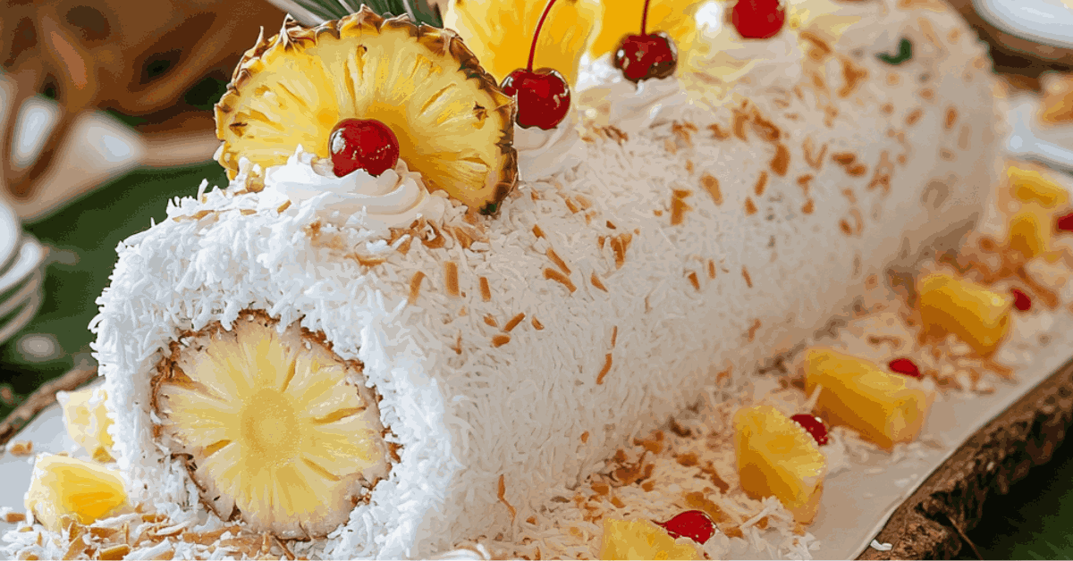 Tropical Piña Colada Roll Cake with coconut and pineapple garnishes