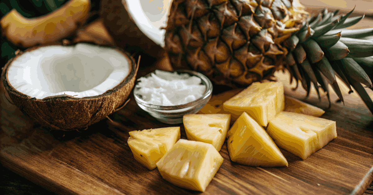 Piña Colada ingredients including pineapple, coconut, and rum.