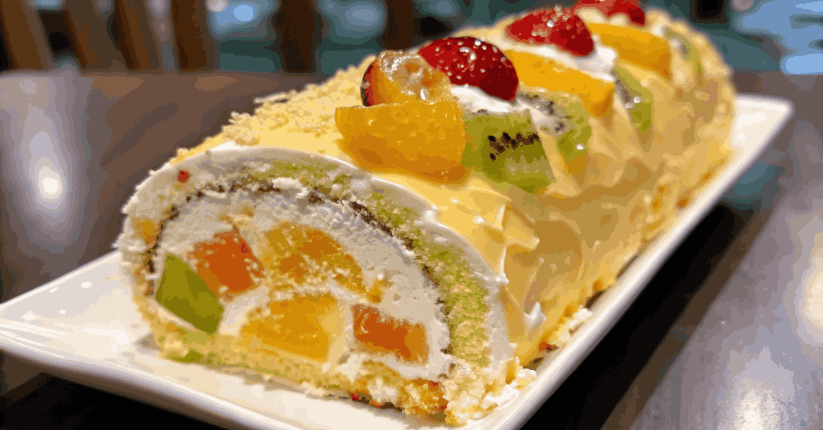 A vintage-style kitchen with a rolling pin, flour, and a Swiss roll cake, reflecting the history and tradition of roll cakes