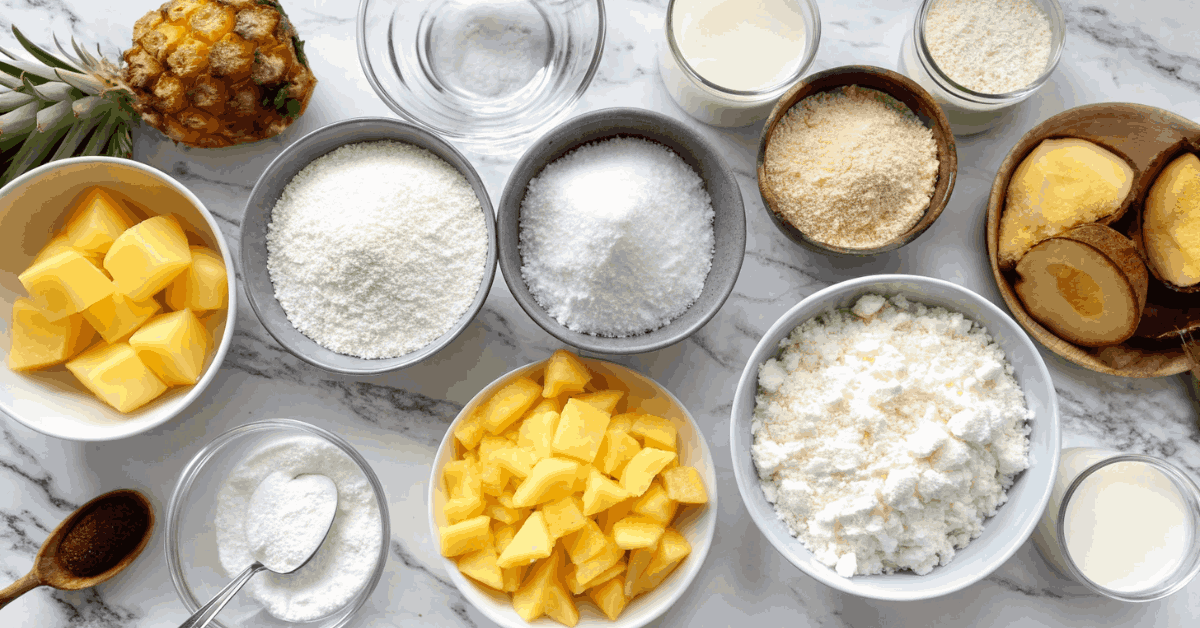 Ingredients for Piña Colada Roll Cake: eggs, flour, pineapple, coconut, and coconut milk.