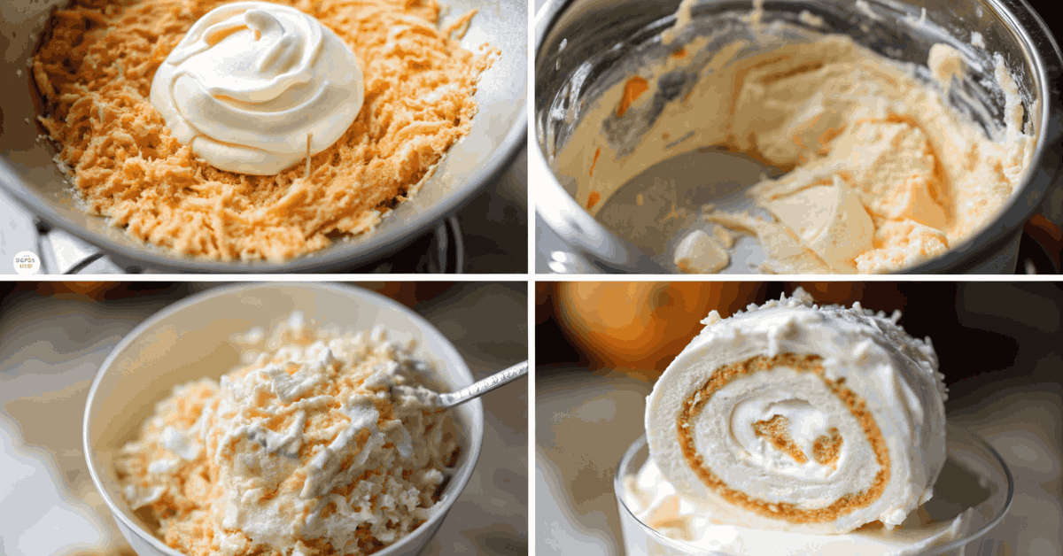 A baker preparing Piña Colada Roll Cake in the kitchen, with a step-by-step view of rolling the cake and filling it with coconut pineapple cream.