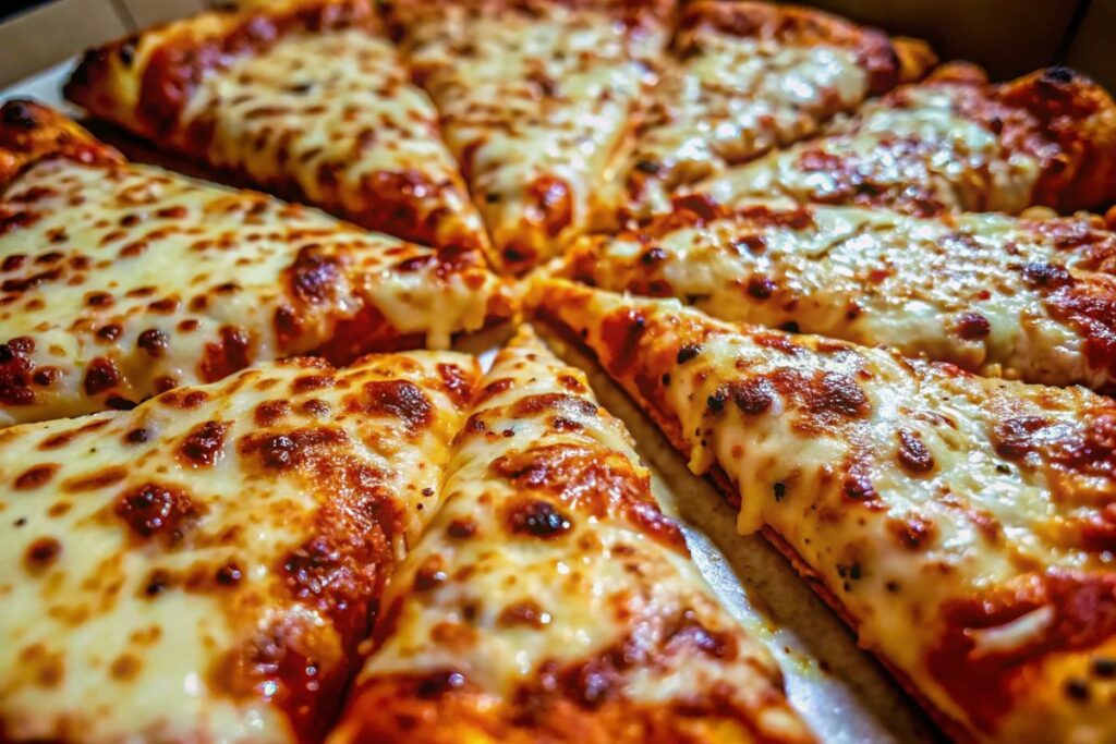 A freshly baked cheese pizza with golden melted mozzarella and a crispy crust, cut into slices.