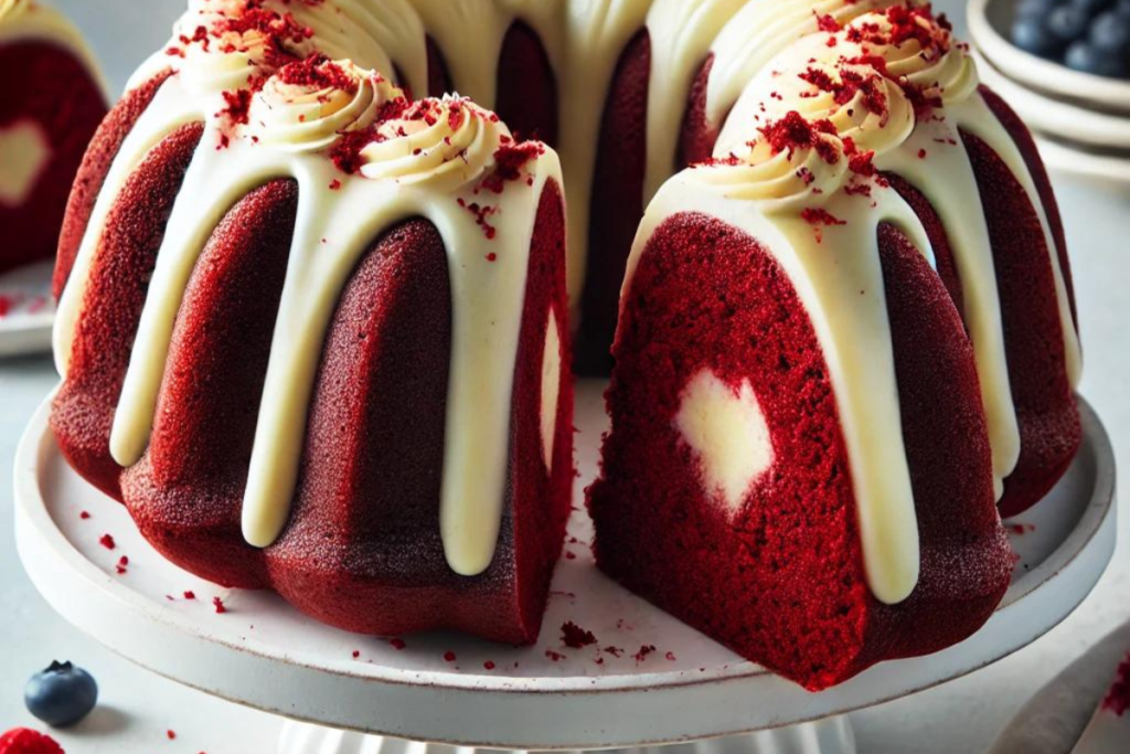 A sliced red velvet bundt cake with cream cheese frosting on a white cake stand, showcasing its vibrant red color and moist interior.