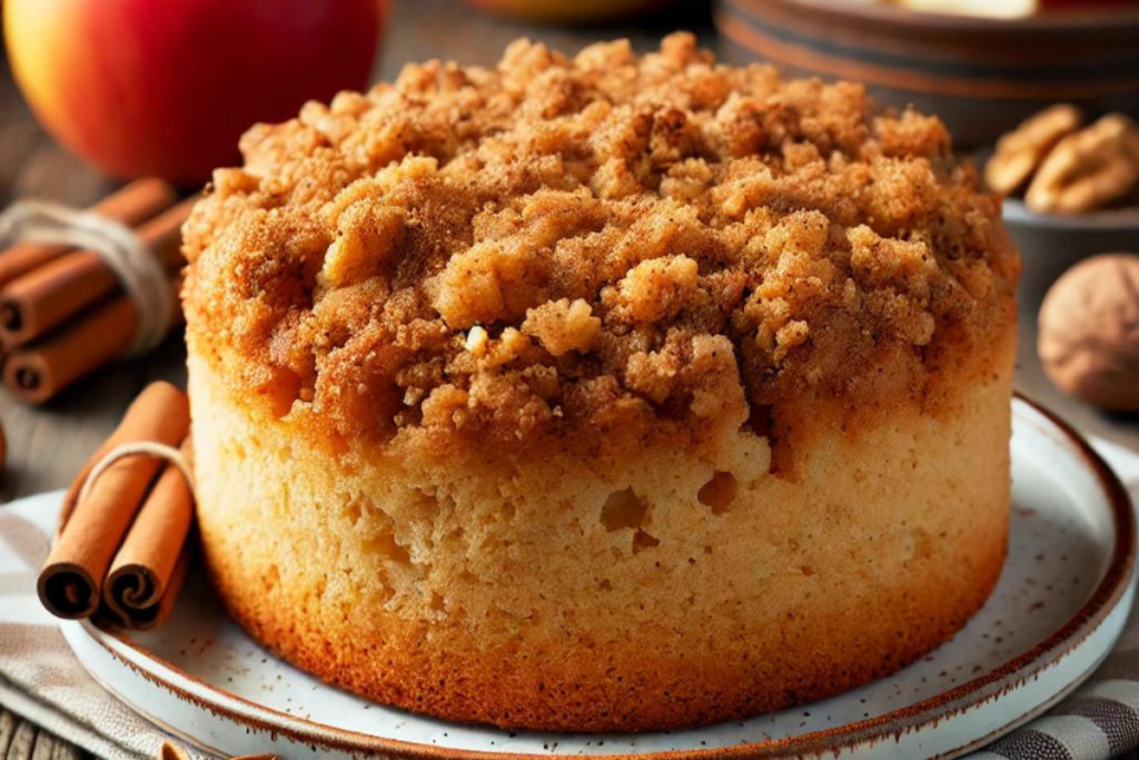 A moist applesauce crumb cake topped with golden-brown cinnamon streusel, surrounded by apples, cinnamon sticks, and walnuts on a rustic table.