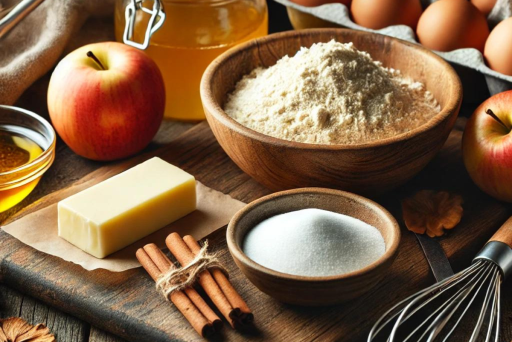 Ingredients for applesauce crumb cake, including apples, flour, sugar, butter, eggs, and cinnamon sticks, arranged on a rustic kitchen countertop.