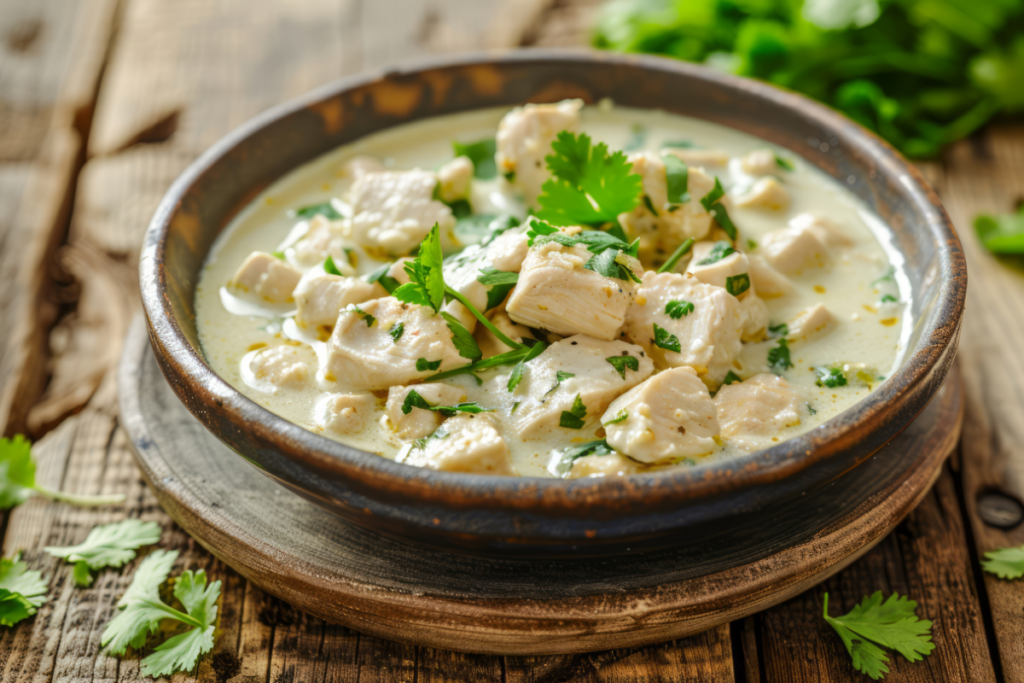 A creamy chicken soup in a rustic bowl, garnished with fresh cilantro and served on a wooden table.