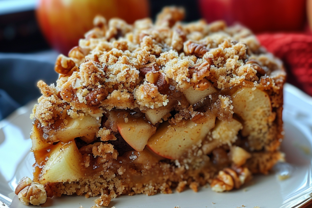 A slice of applesauce crumb cake with streusel topping and fresh apples in the background.