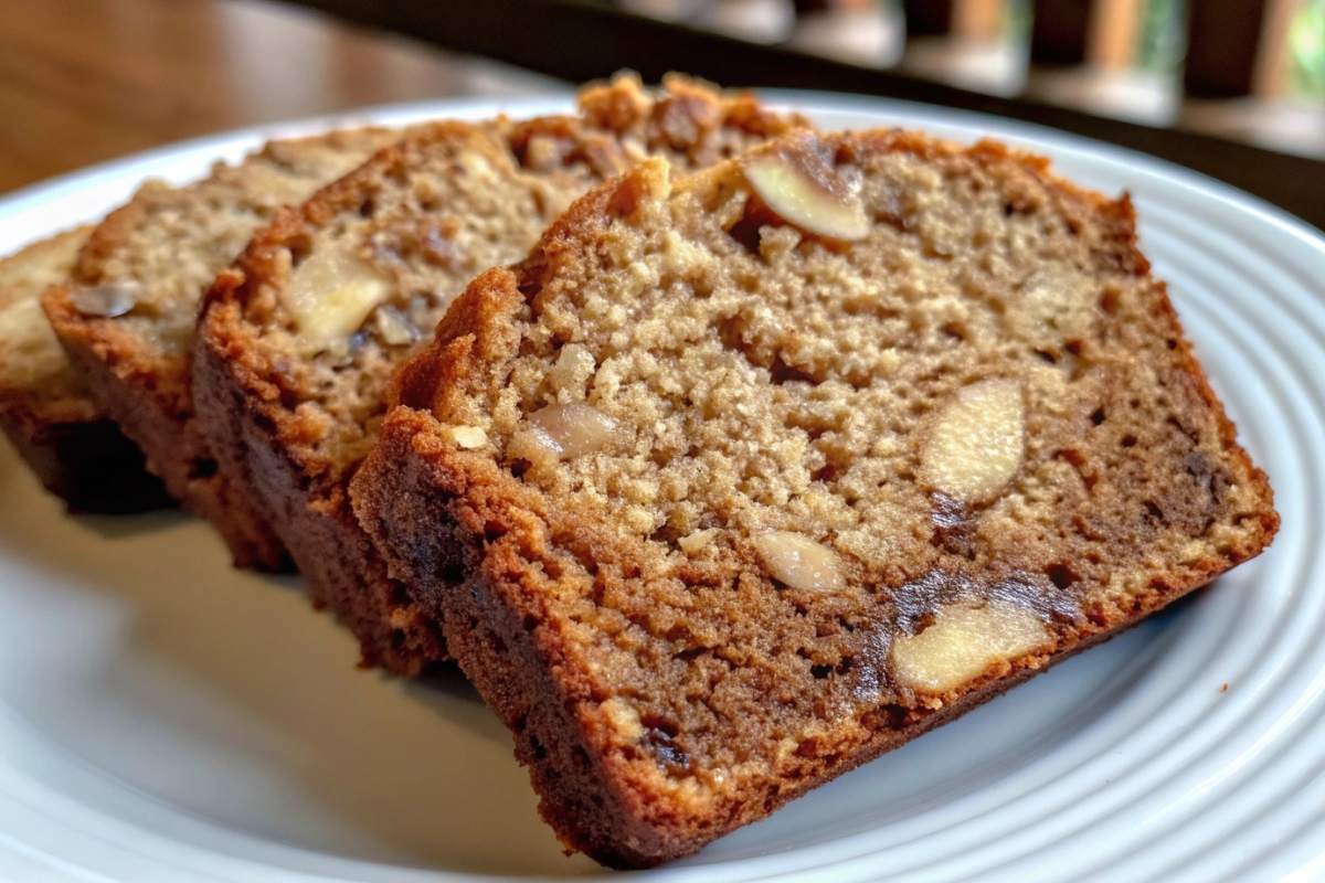 Slices of homemade banana nut bread with a moist texture, chopped walnuts, and melted chocolate, served on a white plate.