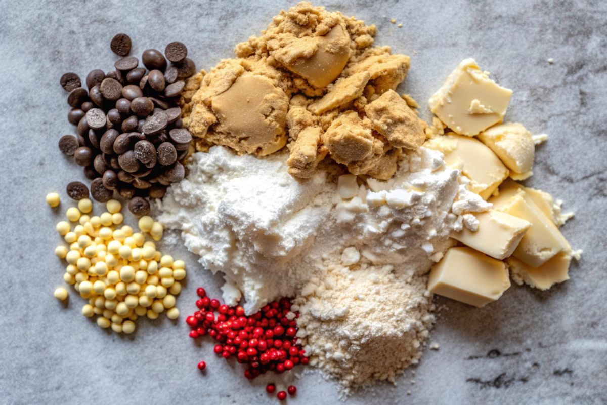 Various cookie dough ingredients, including flour, butter, sugar, chocolate chips, cocoa powder, and candy pieces, arranged on a marble surface.