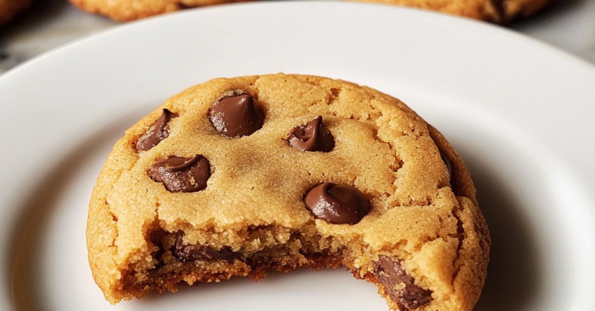 A freshly baked chocolate chip cookie with a golden-brown texture, slightly crispy edges, and a soft, gooey center, placed on a white plate with a bite taken out.