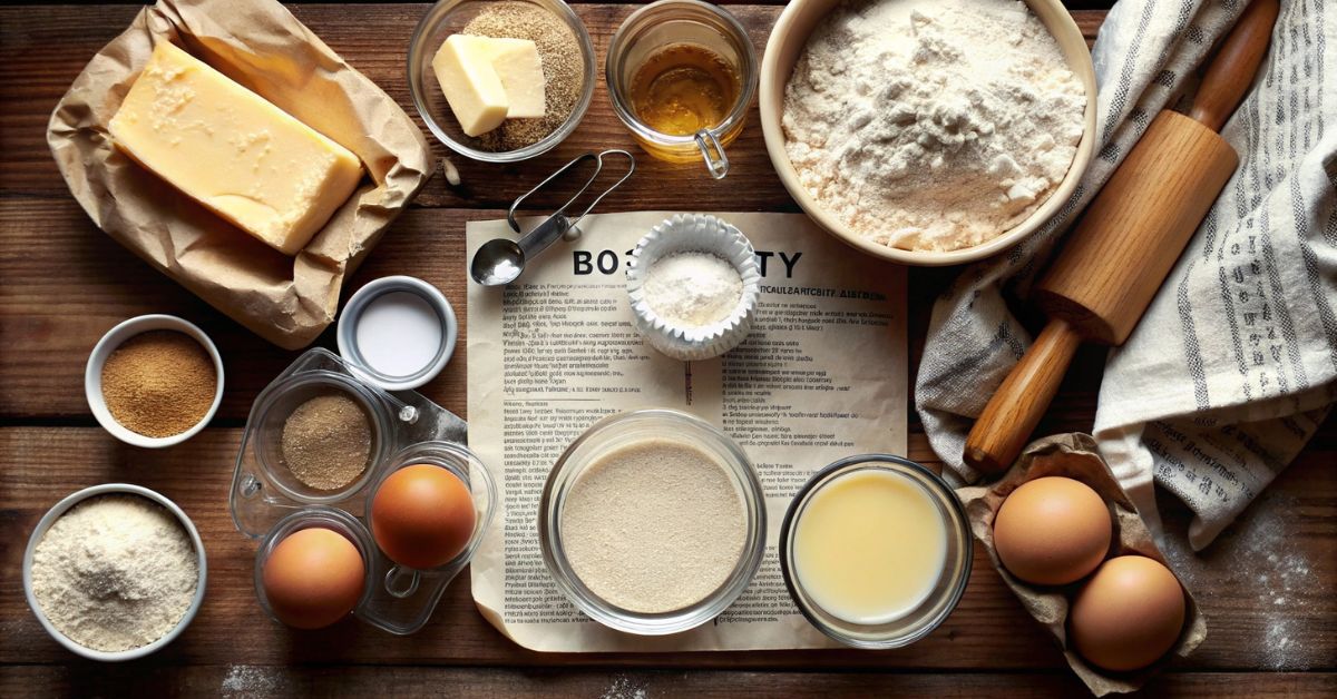 A beautifully arranged collection of baking ingredients, including flour, butter, eggs, sugar, and milk, laid out on a rustic wooden surface with a rolling pin and a recipe sheet, ready for the 7 steps to making cookies.