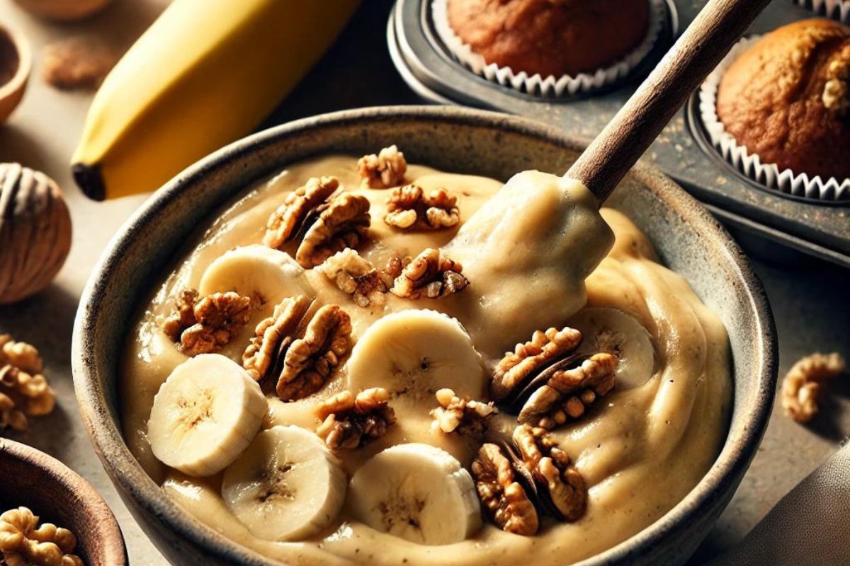 Banana nut muffin batter being stirred with fresh banana slices and walnuts