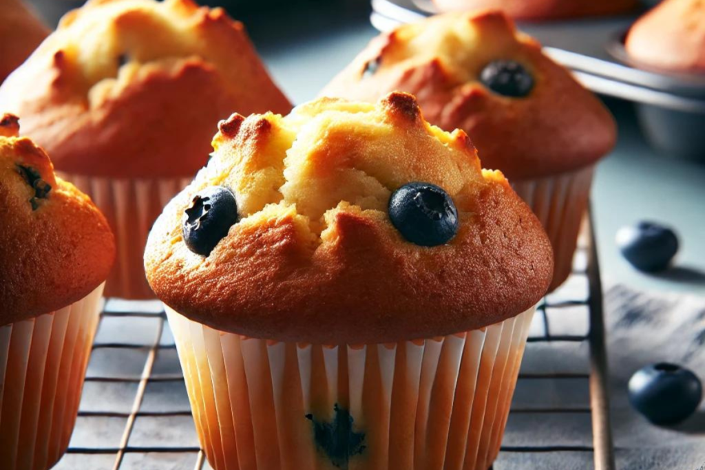 Close-up of moist blueberry muffins cooling on a wire rack with golden-brown tops.