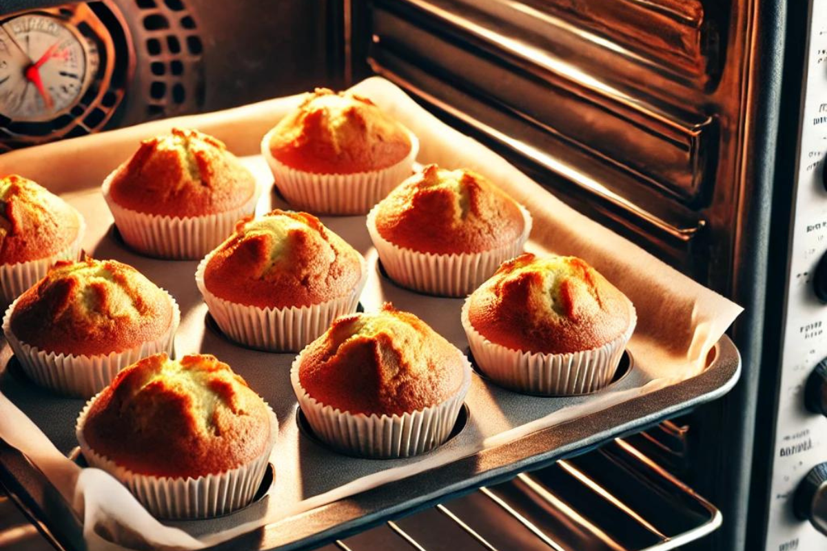 Freshly baked muffins with golden-brown tops coming out of the oven on a baking tray.