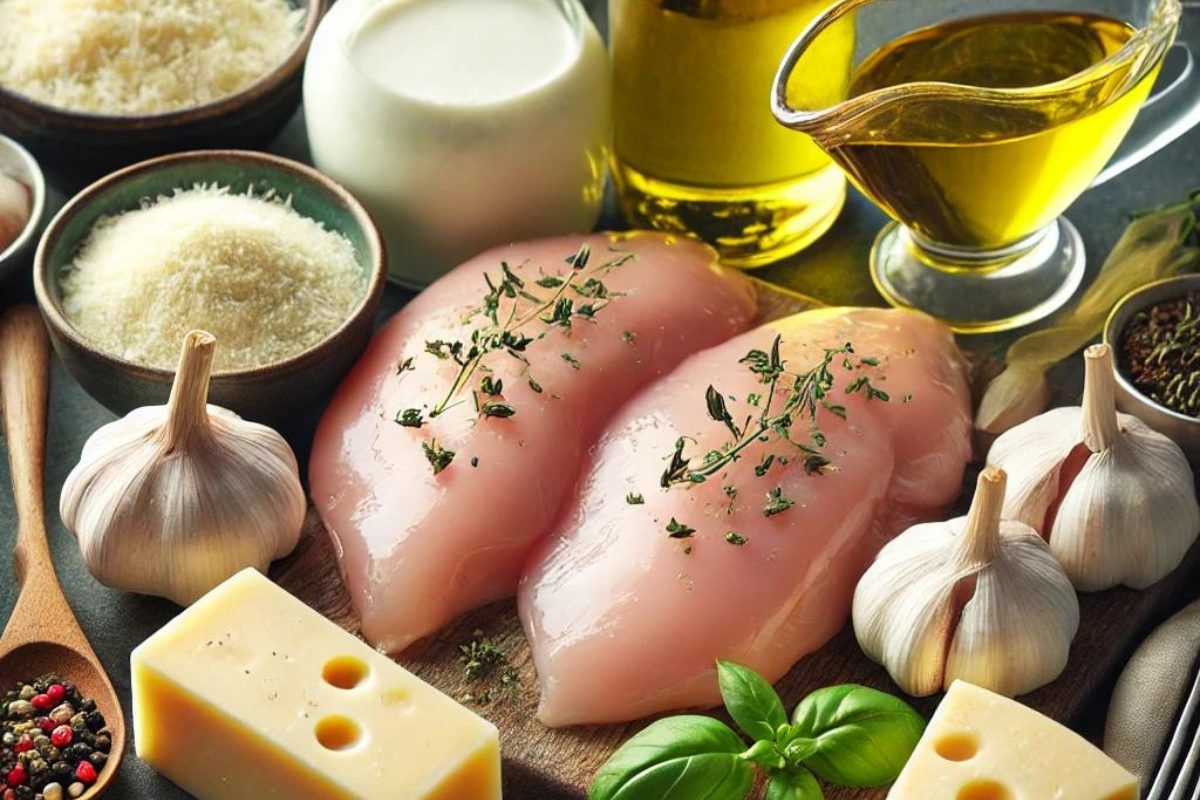 Ingredients for creamy garlic parmesan chicken, including chicken, garlic, parmesan cheese, and more.