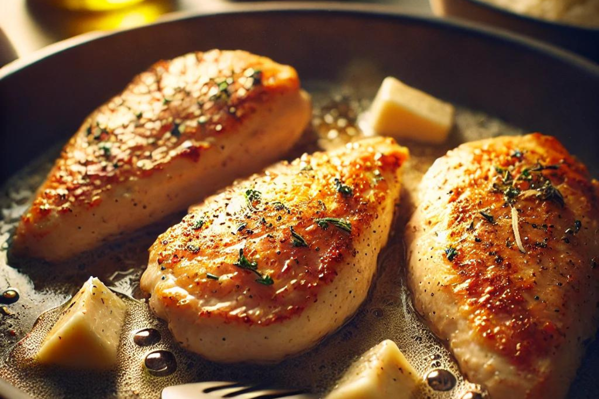 Chicken breasts being seared in a skillet with butter and olive oil.