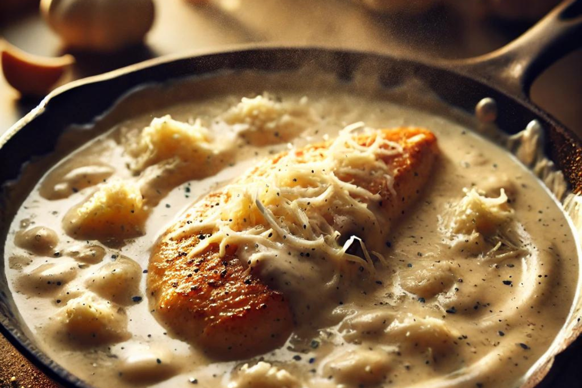 Creamy garlic parmesan sauce bubbling in a skillet with garlic and melted cheese.