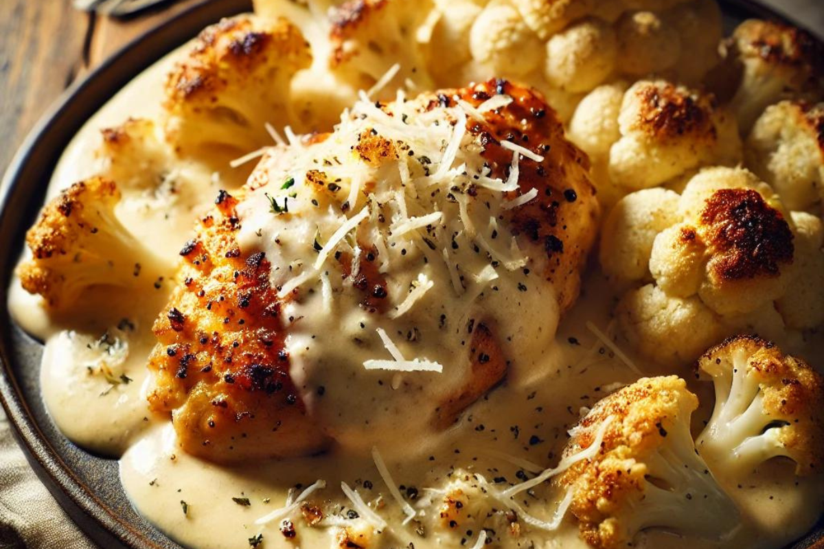  Low-carb garlic parmesan chicken served with roasted cauliflower.