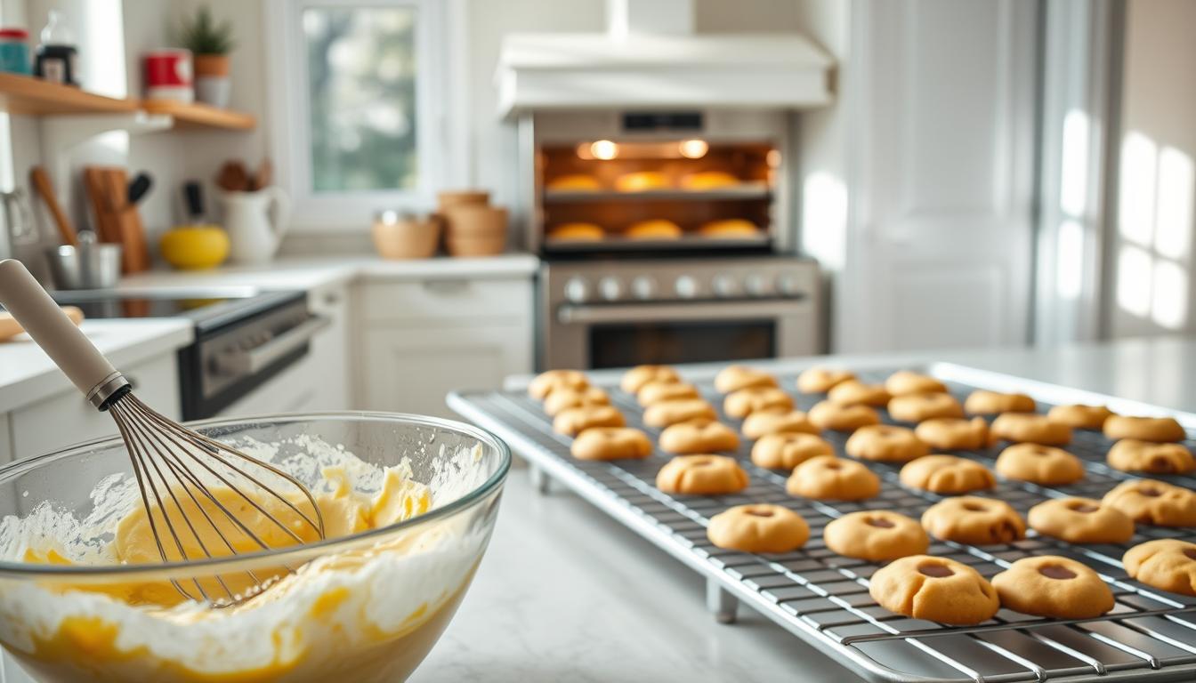 A bright and inviting kitchen with freshly baked cookies cooling on a wire rack, a whisk in a mixing bowl, and a warm oven in the background—capturing the process of the 7 steps to making cookies.