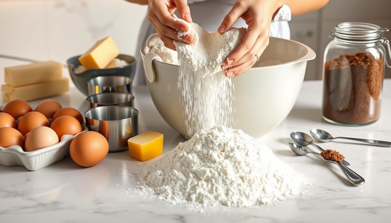 A baker sifting flour into a mixing bowl, surrounded by fresh eggs, butter, sugar, and measuring tools—preparing for the 7 steps to making cookies.