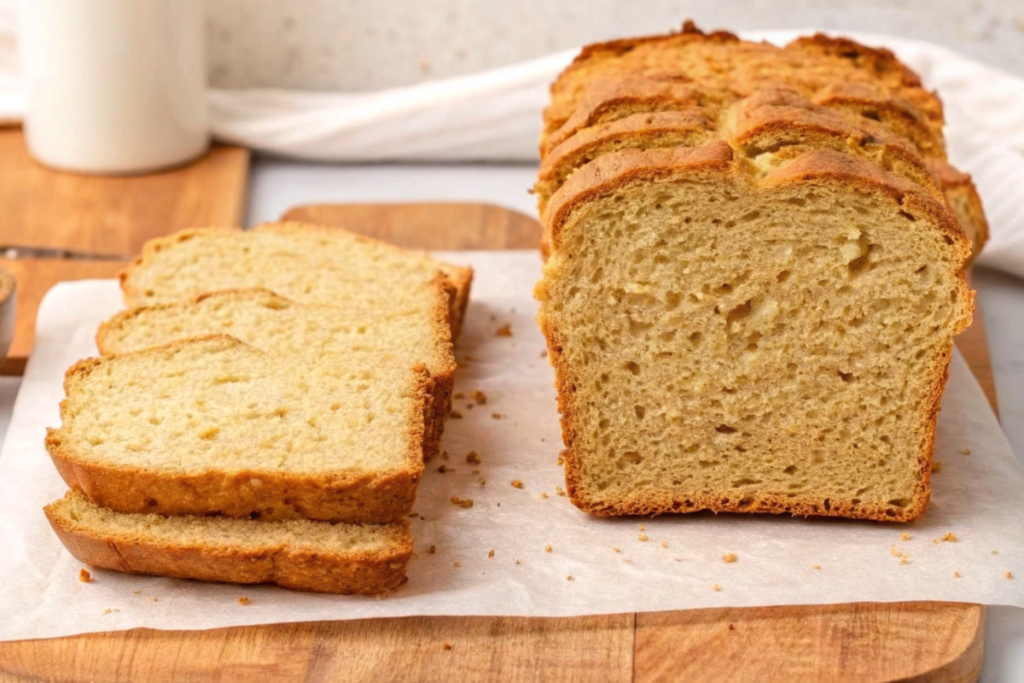 A freshly baked gluten-free sourdough bread loaf, sliced and placed on parchment paper over a wooden cutting board.