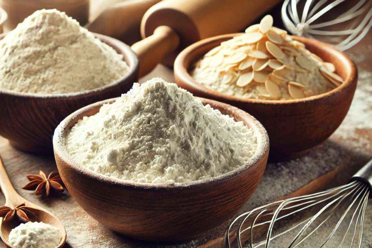 Bowls of all-purpose, cake, and almond flour arranged on a rustic kitchen countertop..