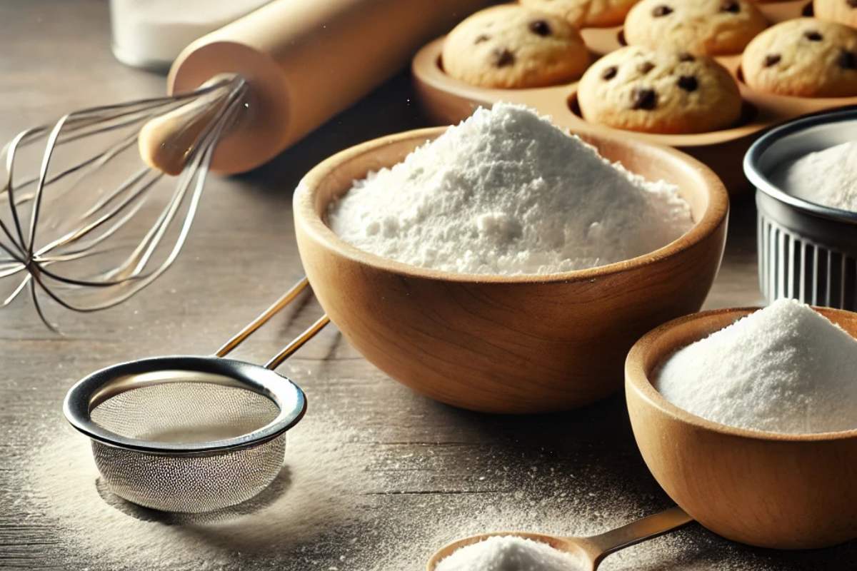 Bowls of baking soda and baking powder with measuring spoons and cookies in a warm kitchen setting