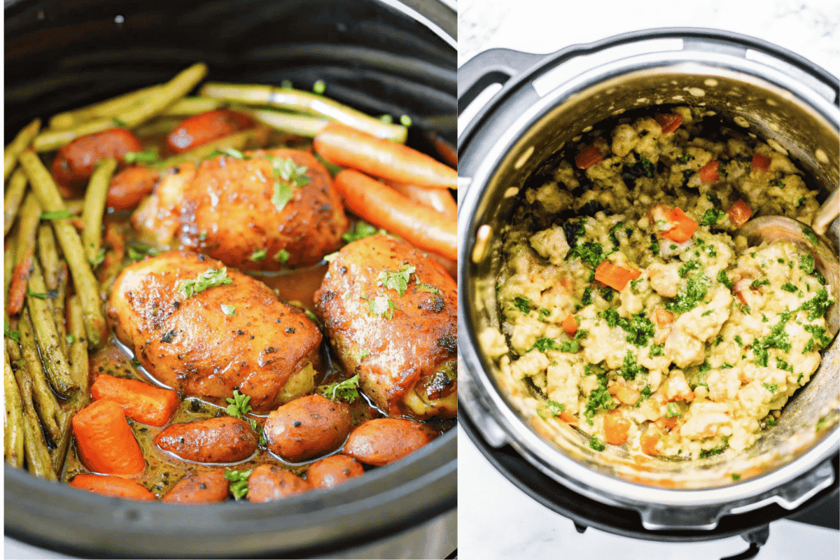 Two crockpot chicken dishes—one with roasted chicken thighs, carrots, and green beans, and the other with a creamy chicken and vegetable mixture.