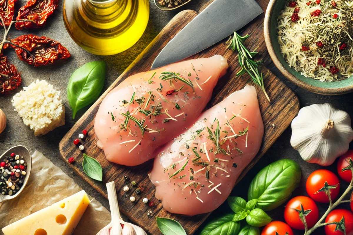 Ingredients for Marry Me Chicken, including fresh chicken breasts, Parmesan cheese, sun-dried tomatoes, garlic, basil, olive oil, and Italian herbs on a rustic wooden table