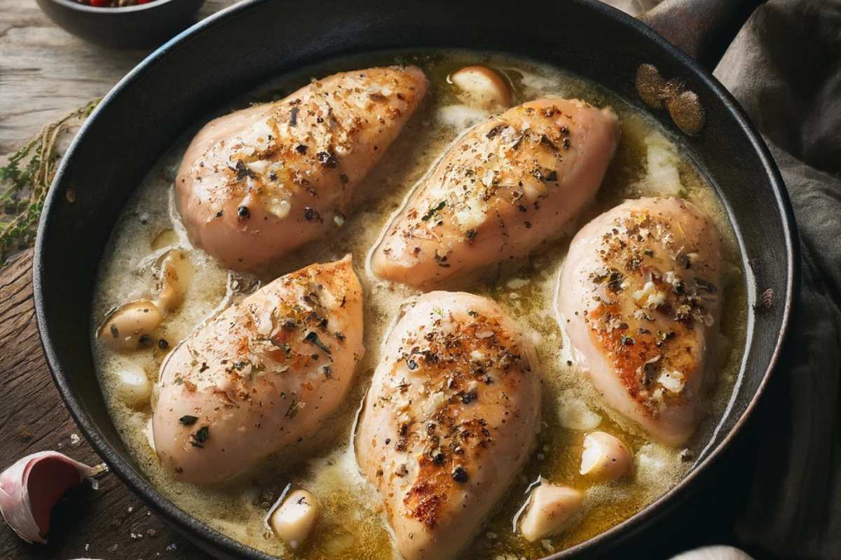 Chicken breasts searing in a skillet with garlic, olive oil, and Italian herbs, forming the base for the Marry Me Chicken recipe.