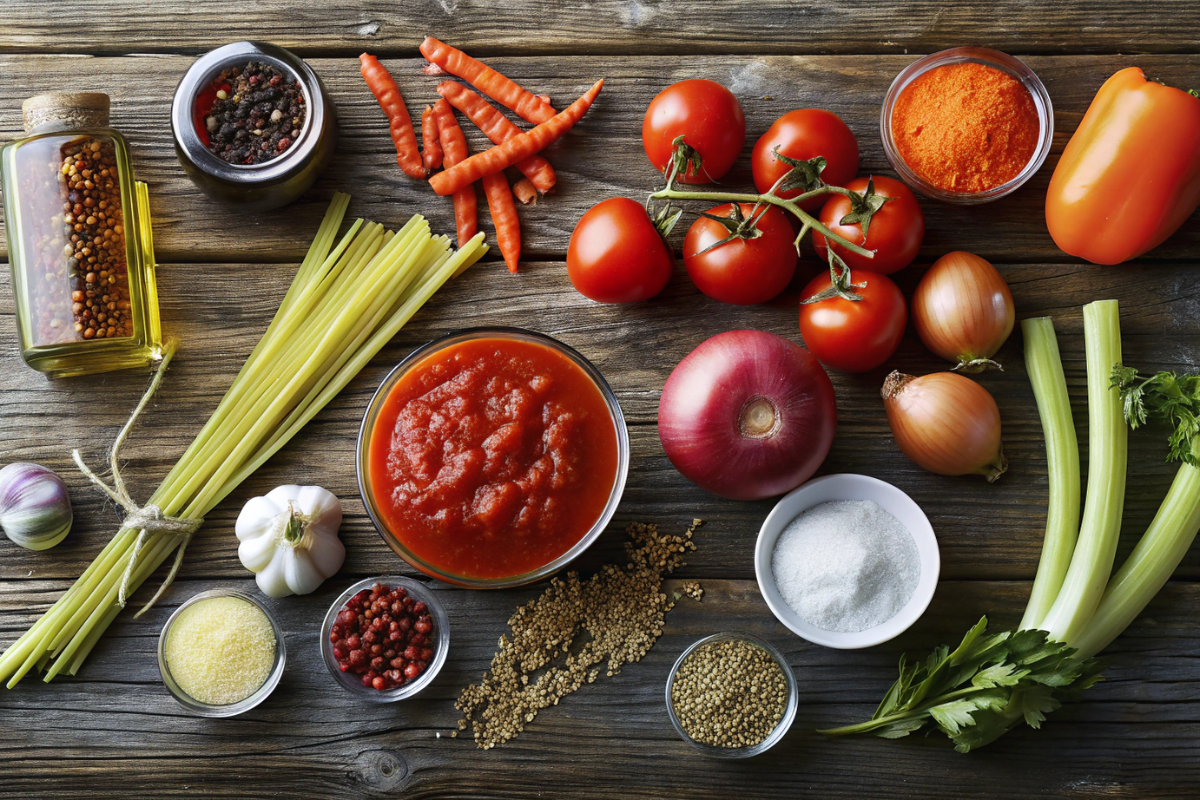  Fresh ingredients for spaghetti Bolognese, including tomatoes, pasta, garlic, onions, celery, spices, and tomato sauce, arranged on a rustic wooden table.