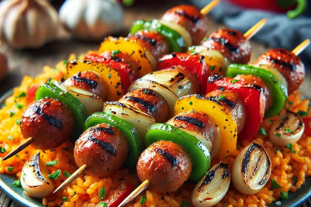 Colorful smoky sausage skewers with bell peppers and onions served on tomato rice