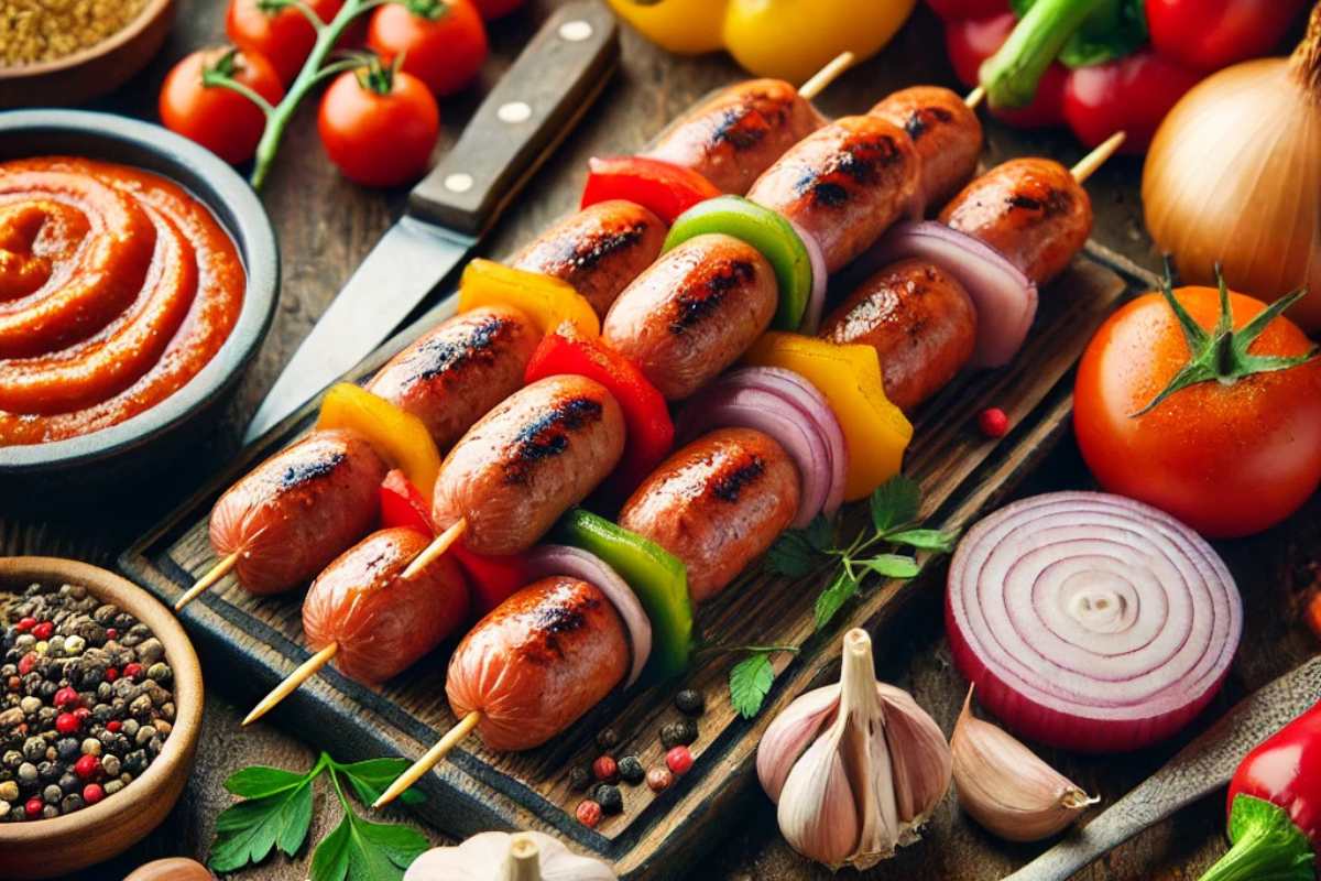 Fresh ingredients for smoky sausage skewers with bell peppers, onions, garlic, and tomato puree