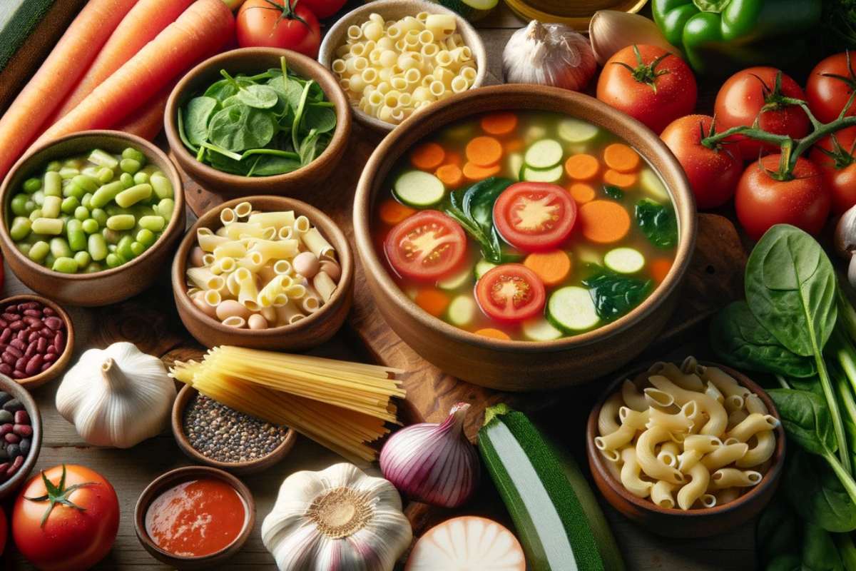 Ingredients for Olive Garden Minestrone Soup, including chopped vegetables, beans, pasta, and broth on a rustic table.