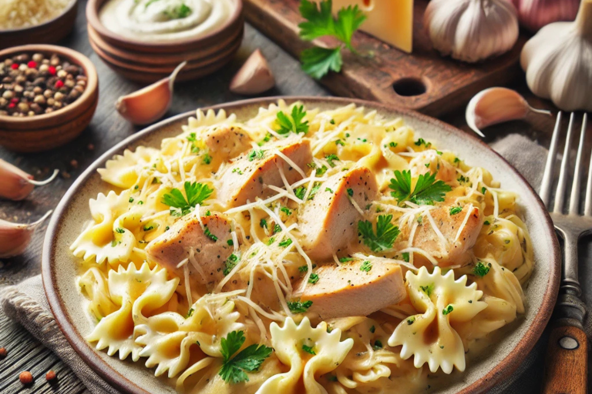 A plate of garlic creamy chicken pasta garnished with parsley and Parmesan on a rustic table with ingredients like garlic, cream, and pasta in the background.