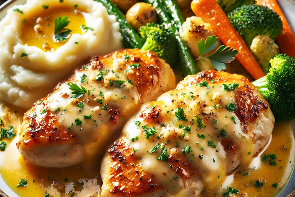 A beautifully arranged plate of creamy garlic butter parmesan chicken with mashed potatoes and roasted vegetables, garnished with fresh parsley.