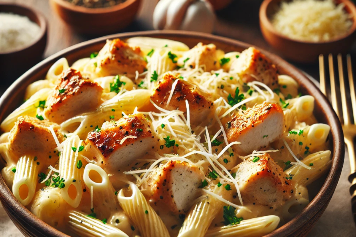 Creamy garlic parmesan chicken pasta in a bowl, topped with golden-brown chicken, freshly grated parmesan, and parsley on a wooden table.