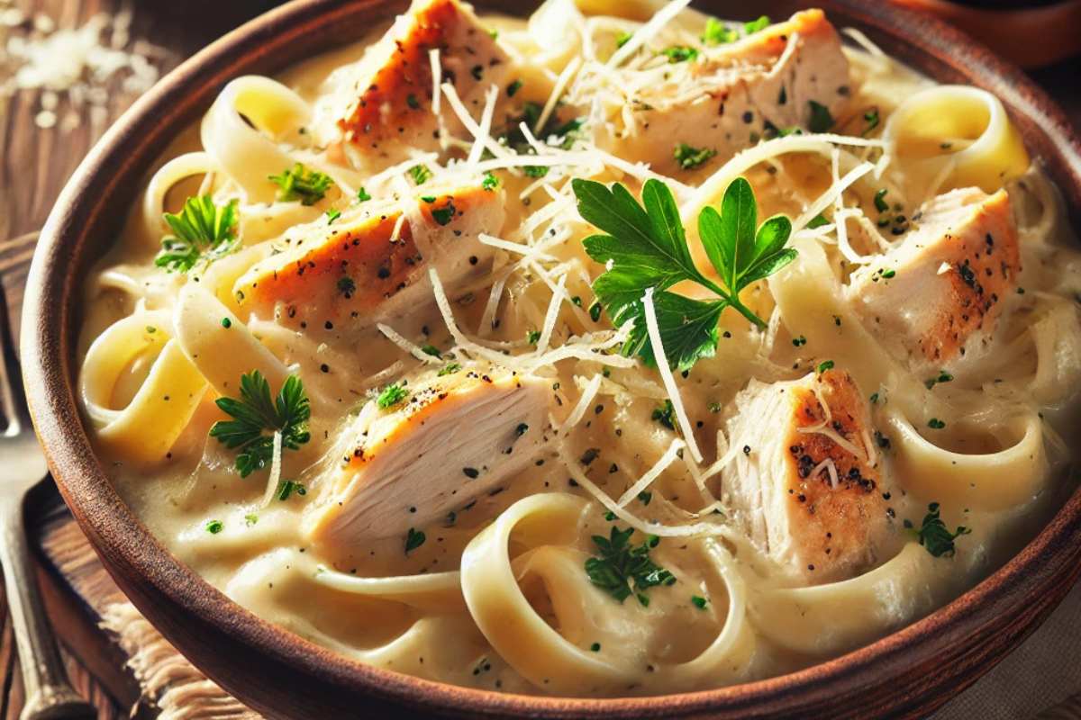 Creamy crockpot chicken alfredo with tender chicken, fettuccine pasta, and Parmesan cheese, garnished with parsley in a rustic bowl.