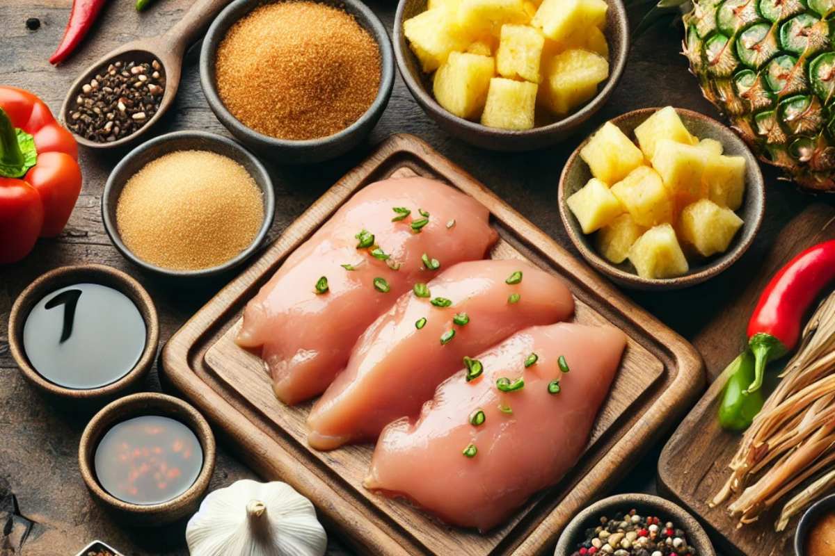 Essential ingredients for Sweet Hawaiian Crockpot Chicken, including raw chicken, pineapple chunks, bell peppers, brown sugar, soy sauce, and garlic on a wooden surface.