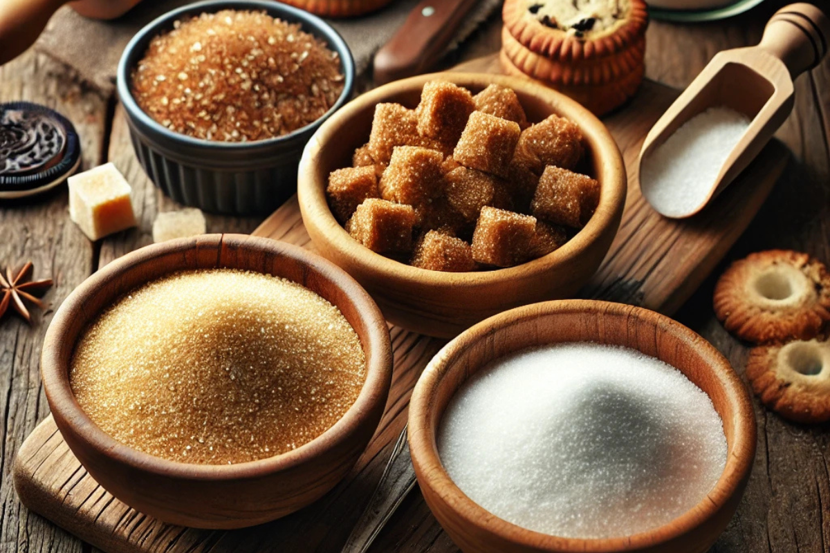 Bowls of granulated sugar, brown sugar, and powdered sugar arranged with cookies on a wooden countertop.