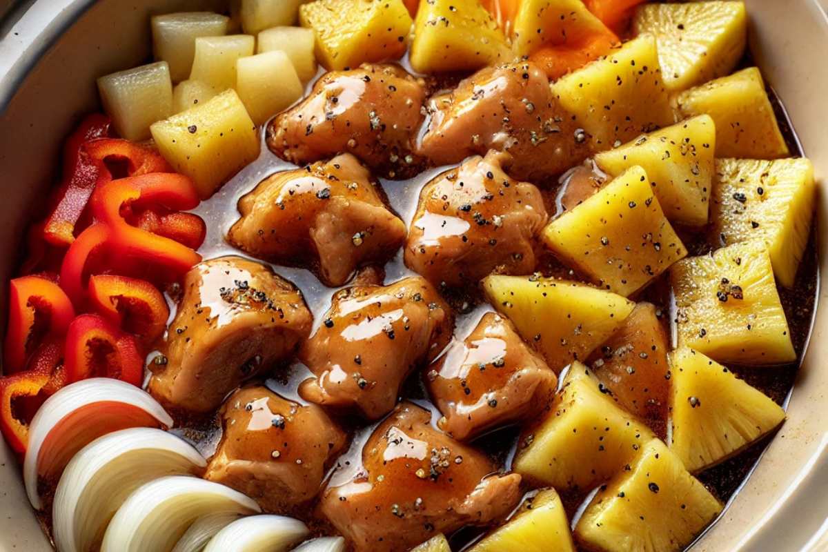 Layering ingredients for Sweet Hawaiian Crockpot Chicken in a crockpot with chicken, pineapple, bell peppers, soy sauce, and brown sugar.