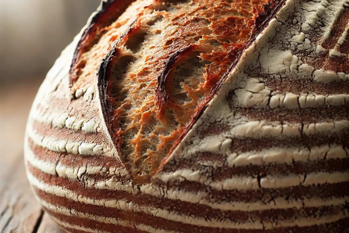 Close-up of rustic sourdough bread crust and interior, showing how fermentation affects gluten.