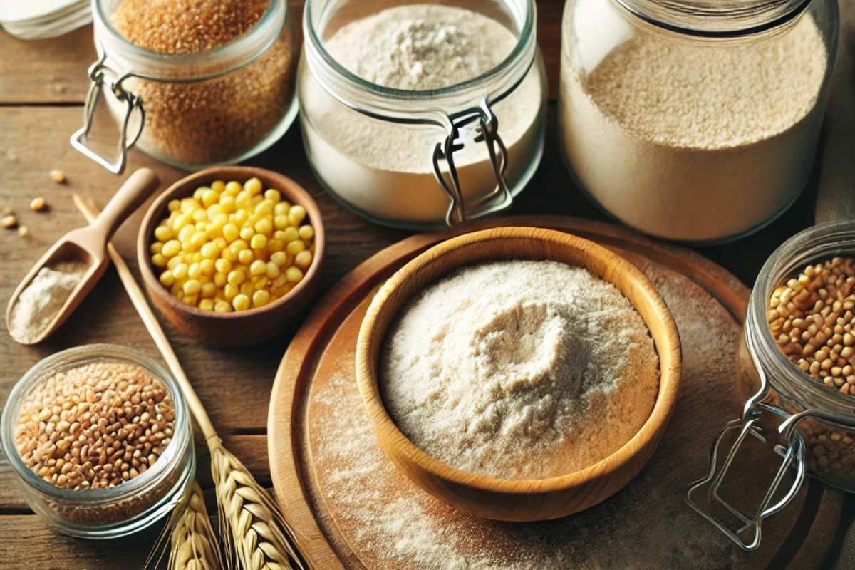 Ingredients for gluten-free sourdough including rice flour, millet flour, and a gluten-free starter in jars.