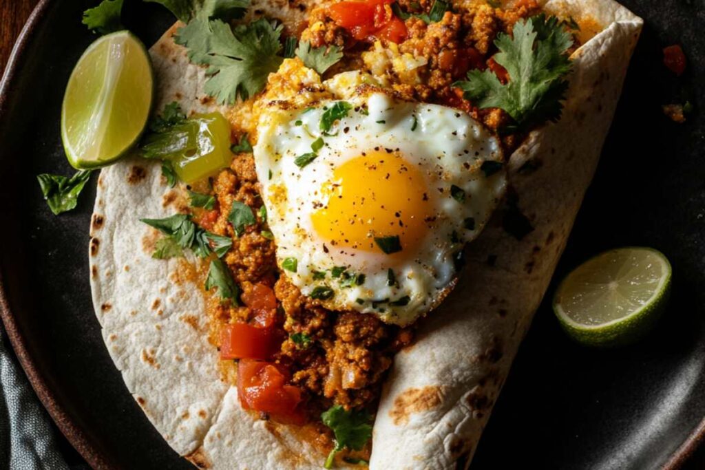 Chorizo egg burrito with a sunny-side-up egg, fresh cilantro, and lime wedges on a tortilla