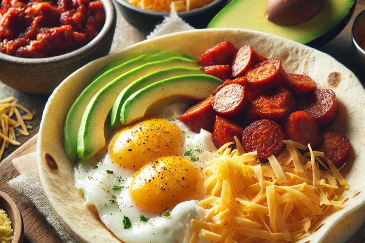 Ingredients for a chorizo egg burrito including eggs, chorizo, cheese, avocado, and flour tortillas"