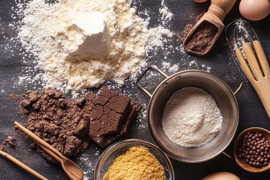 Seven basic baking ingredients arranged on a dark countertop, including flour, cocoa powder, sugar, eggs, and other baking essentials.