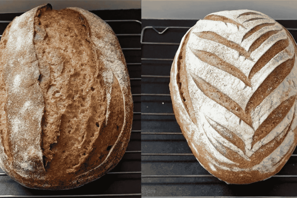 Two loaves of sourdough bread with different scoring designs on a cooling rack.