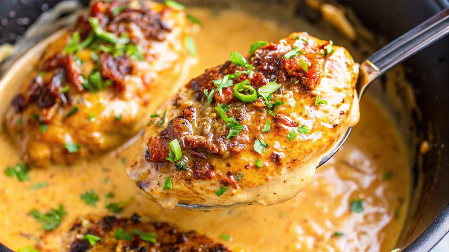 Tender crockpot chicken breast covered in a creamy sun-dried tomato sauce, garnished with fresh herbs.