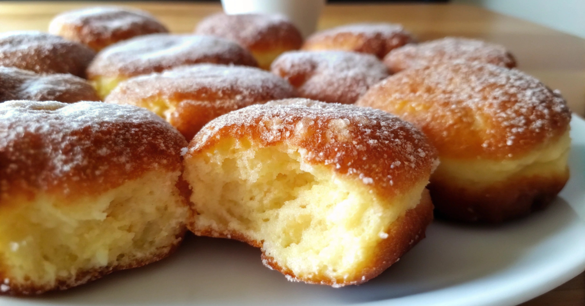 Freshly baked French Breakfast Puffs coated in cinnamon sugar, stacked on a wooden plate with a cup of coffee in the background.